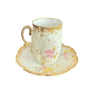 Antique M Redon Limoges Hand Painted Porcelain Demitasse Cup and Saucer ca 1880s